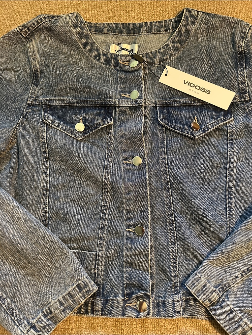 Vigoss Light Stone Wash Blue Denim Jacket Silver Buttons Short Fit New SZ XL